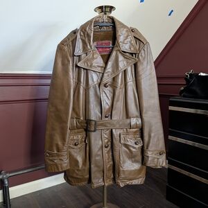 ANDERSON LITTLE Brown Genuine Leather Faux Fur Lined Belted Overcoat Jacket